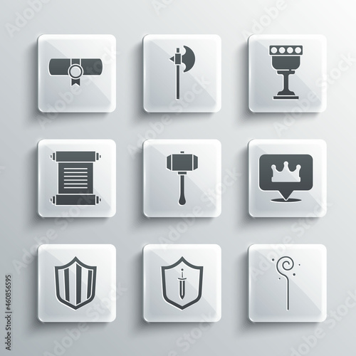 Set Medieval shield with sword  Magic staff  Location king crown  Hammer  Shield  Decree  parchment  scroll  and goblet icon. Vector