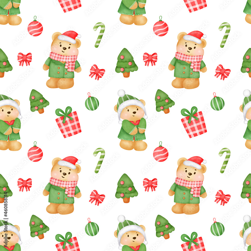 Christmas and new year seamless patterns with cute bear.