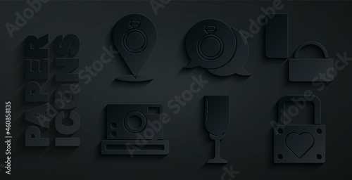 Set Glass of champagne, Diamond engagement ring, Photo camera, Lock and heart, and Wedding rings icon. Vector