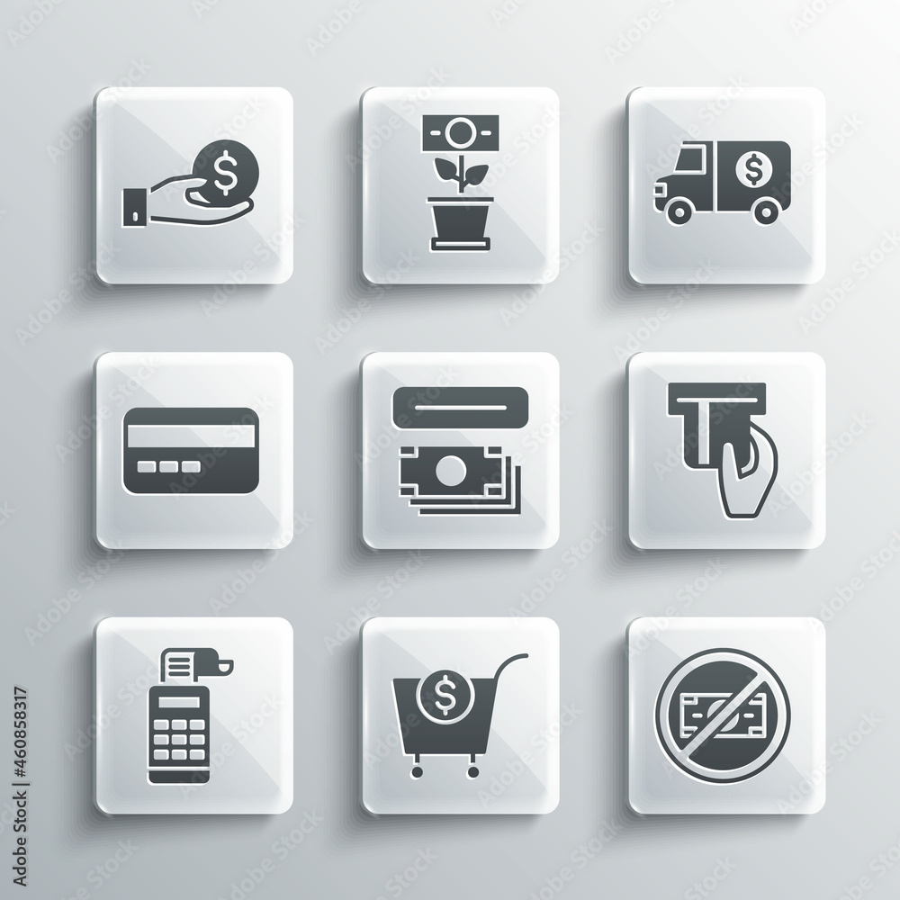 Set Shopping cart and dollar, No money, Credit card inserted, ATM, Cash register machine, Hand giving and Armored truck icon. Vector Set Shopping cart and dollar, No money, Credit card inserted, ATM, Cash register machine, Hand giving and Armored truck icon. Vector