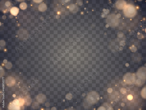 Shining bokeh isolated on transparent background. Golden bokeh lights with glowing particles isolated. Christmas concept