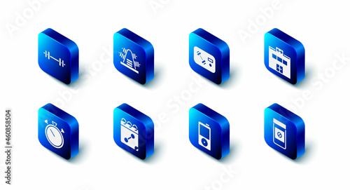 Set Metal rack with weights, Fitness club, gym card, Gym building, Anabolic drugs, Music player, Calendar fitness, Stopwatch and Barbell icon. Vector