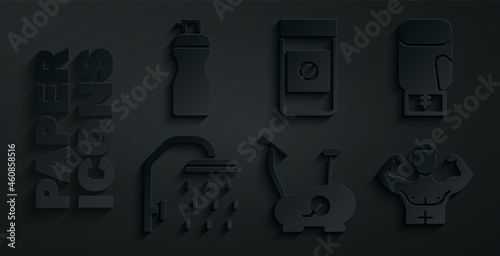 Set Stationary bicycle, Boxing glove, Shower head, Bodybuilder muscle, Anabolic drugs and Fitness shaker icon. Vector