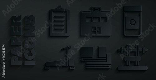 Set Towel stack, Anabolic drugs, Treadmill machine, Bench with barbel, Gym building and Sport training program icon. Vector