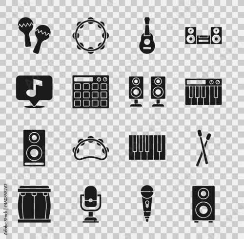 Set Stereo speaker, Drum sticks, Music synthesizer, Guitar, machine, Musical note, Maracas and icon. Vector
