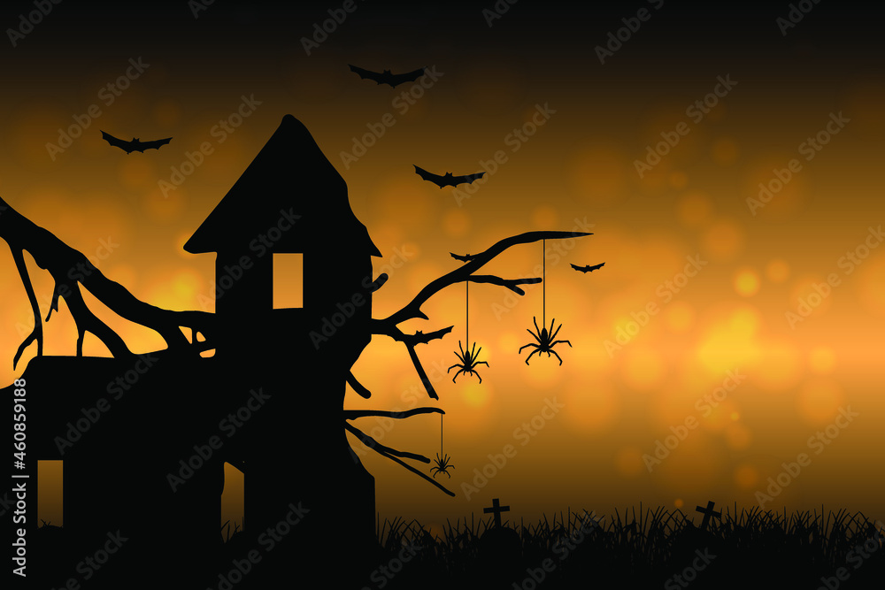 creepy graveyard Halloween background scene with graves and trees. Halloween background with bats, and spiders vector.