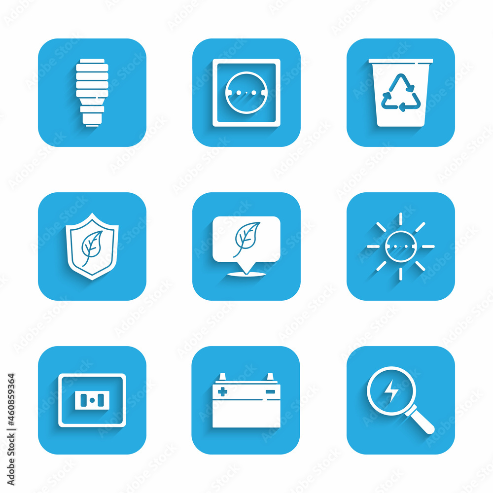 Set Location with leaf, Car battery, Lightning bolt, Solar energy panel, Electrical outlet, Shield, Recycle bin recycle and LED light bulb icon. Vector