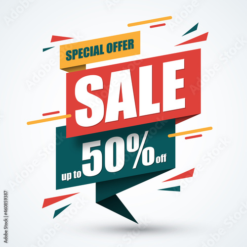 Sale banner. Discount label. Special offer design template. Up to 50 percent off vector background photo