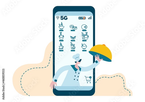 Online ordering. Food delivery to your home through your device and app. Icons with food options. Direct online delivery concept, 24-hour cafe or restaurant during quarantine or a busy workday.