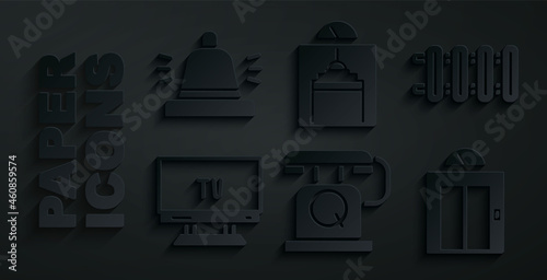 Set Telephone handset, Heating radiator, Smart Tv, Lift, and Hotel service bell icon. Vector
