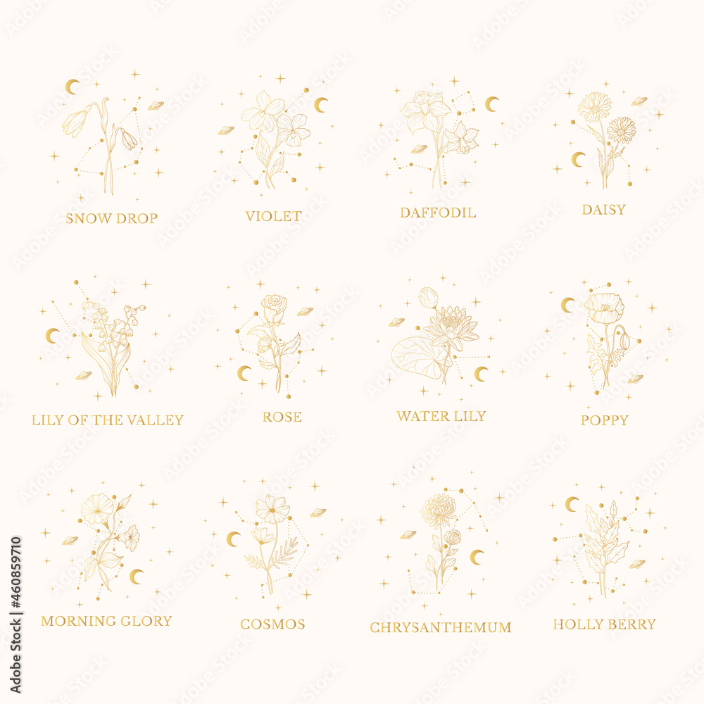 Celestial birth month gold flower set. Vector isolated geometrical and spiritual plants, moon and stars for gift cards and wedding invitations.