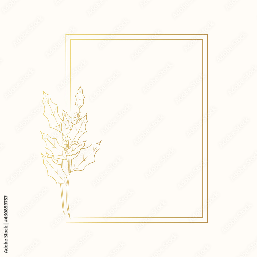 Golden delicate frame with holly berry on a white background for wedding invitations and greeting cards. Vector illustration. Golden delicate frame with holly berry on a white background for wedding invitations and greeting cards. Vector illustration.