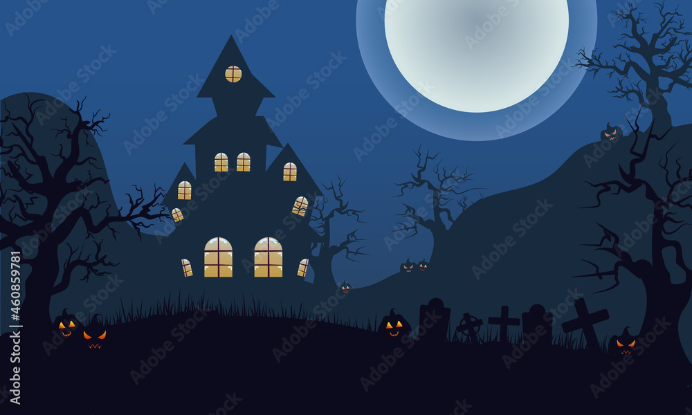 Halloween background with a creepy house at night.