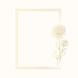 Golden delicate frame with chrysanthemum on a white background for wedding invitations and greeting cards. Vector illustration.