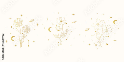 Golden set of three celestial birth month flowers. Vector isolated background with spiritual plants, moon and stars for wedding invitations and  greeting cards.