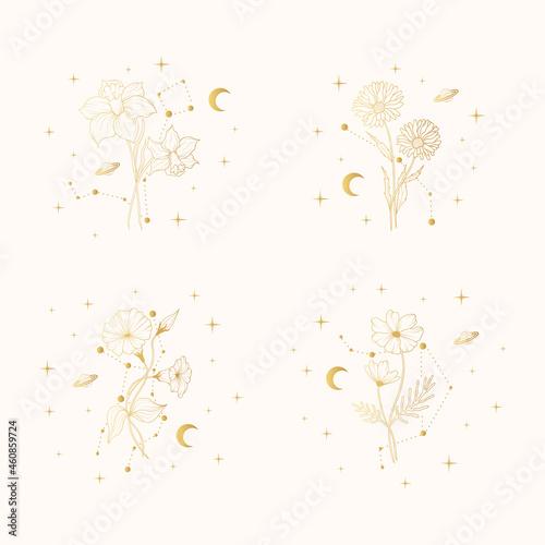 Hand drawn golden set of celestial birth month  flowers. Four vector isolated spiritual plants, moon and stars for greeting cards and wedding invitations.