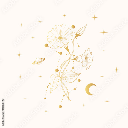Golden celestial morning glory. Vector illustration with geometrical and spiritual plant, stars and moon for greeting cards and invitations.