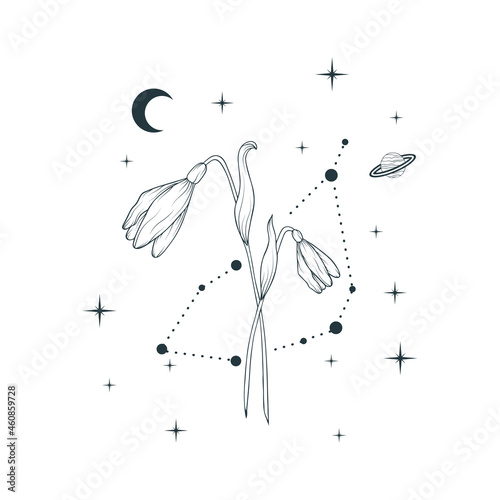 Celestial snowdrop. Vector illustration with geometrical and spiritual plant, stars and moon for wedding invitations and greeting cards.