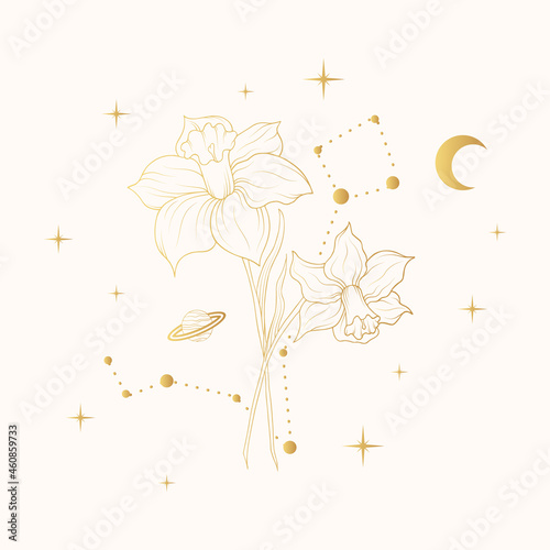 Celestial daffodil. Vector illustration with golden geometrical and spiritual plant, stars and moon for wedding invitations and greeting cards.