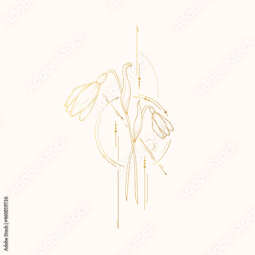 Golden geometrical snowdrop. Vector illustration for wedding invitations and greeting cards.