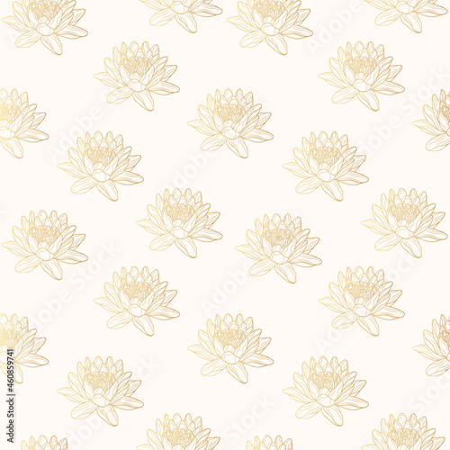 Seamless pattern with golden water lily. Vector background for wrapping paper and textile.