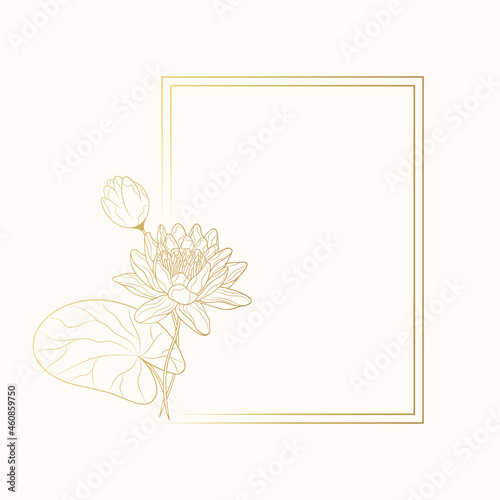 Golden delicate frame with water lily on a white background for wedding invitations and greeting cards. Vector illustration.