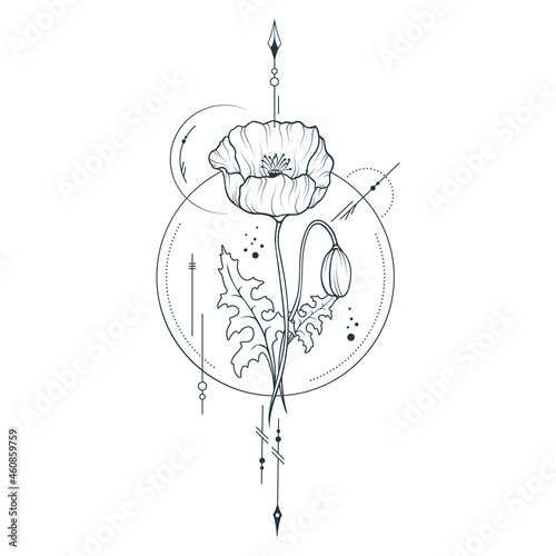 Hand drawn geometrical poppy flower. Vector illustration for invitations and greeting cards.
