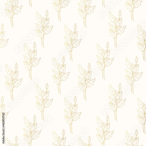 Hand drawn seamless pattern with golden holly berry. Vector background for wrapping paper and textile.