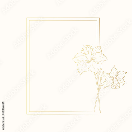 Golden delicate frame with daffodil on a white background for wedding invitations and greeting cards. Vector illustration.