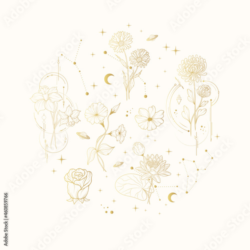 Round illustration with gold celestial   flowers . Vector isolated spiritual plants, moon and stars for greeting cards and wedding invitations.