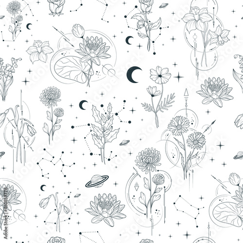 Celestial birth month flower seamless pattern. Vector isolated background with geometrical and spiritual plants, moon and stars for wrapping paper.