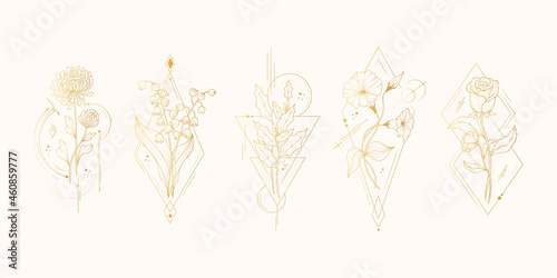 Set of five birth month flowers. Vector isolated background with golden geometrical  plants for wedding invitations and  greeting cards.