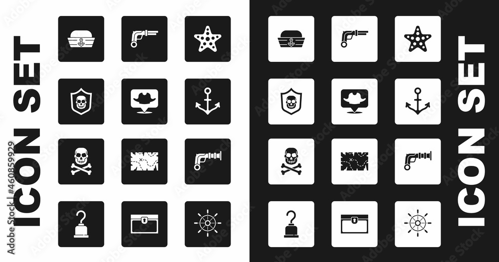 Set Starfish, Location pirate, Shield with skull, Sailor hat, Anchor, Vintage pistols, and Skull crossbones icon. Vector Set Starfish, Location pirate, Shield with skull, Sailor hat, Anchor, Vintage pistols, and Skull crossbones icon. Vector