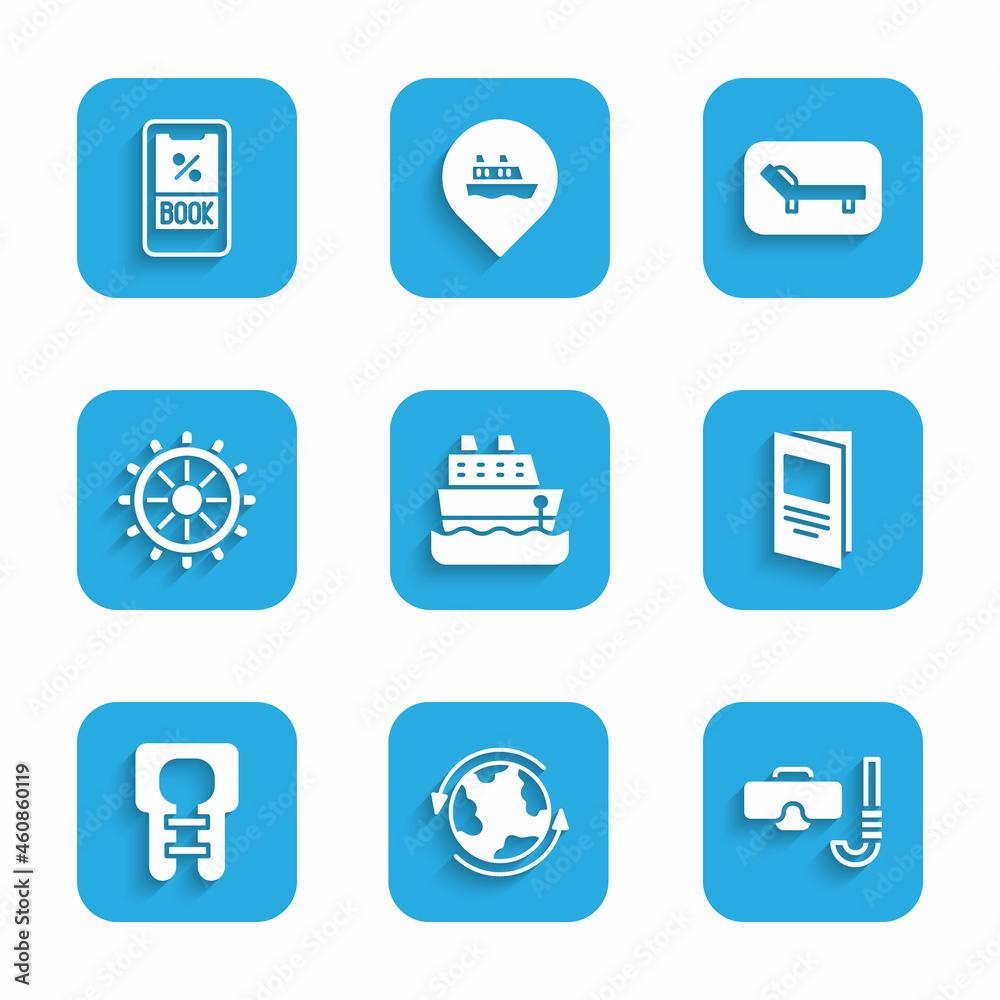 Set Cruise ship, Worldwide, Diving mask and snorkel, Brochure, Life jacket, Ship steering wheel, Sunbed umbrella and ticket icon. Vector Set Cruise ship, Worldwide, Diving mask and snorkel, Brochure, Life jacket, Ship steering wheel, Sunbed umbrella and ticket icon. Vector