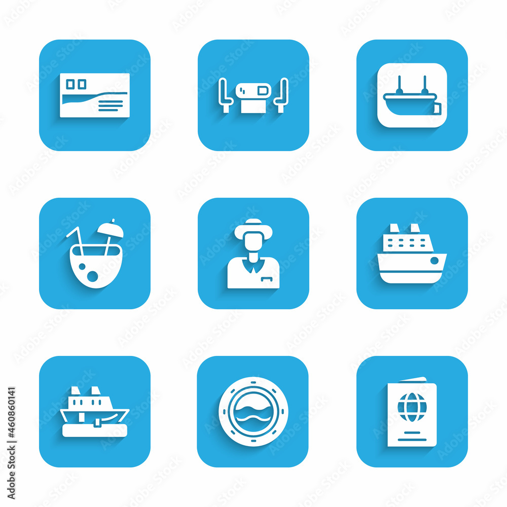 Set Tourist, Ship porthole with seascape, Passport, Cruise ship, Coconut cocktail, Lifeboat and Postcard travel icon. Vector