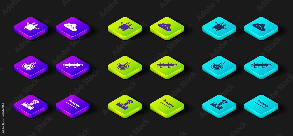 Set Pilot, Plane, Barometer, Rocket, Cloud weather and Trolley for food icon. Vector Set Pilot, Plane, Barometer, Rocket, Cloud weather and Trolley for food icon. Vector