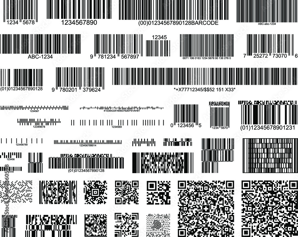 Collection of 40 barcodes. Vector linear code, postal code, QR-Code,  banking and payments barcode, scan codes for store, isbn code. Stock ベクター |  Adobe Stock