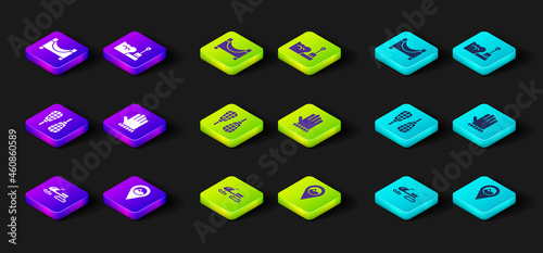 Set Snowmobile, Location with mountain, Snowshoes, Christmas mitten, Shovel snowdrift and Skate park icon. Vector