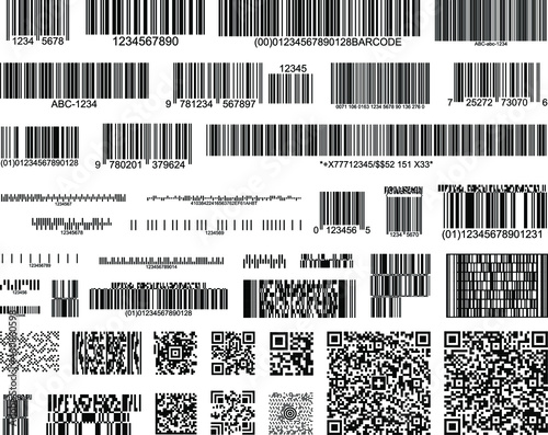 Collection of 40 barcodes. Vector linear code, postal code, QR-Code, banking and payments barcode, scan codes for store, isbn code. photo