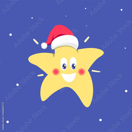 Christmas cartoon star with a Santa Claus hat. Vector illustration