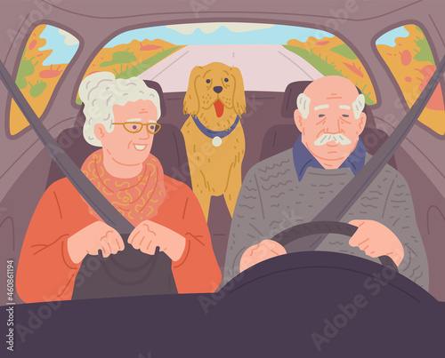 Elderly couple traveling by car with dog, flat cartoon vector illustration.