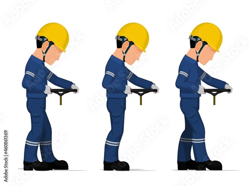 set of worker is holding hand wheel on white background