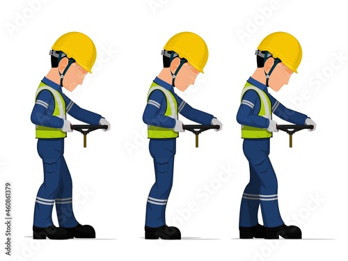 set of worker is holding hand wheel on white background