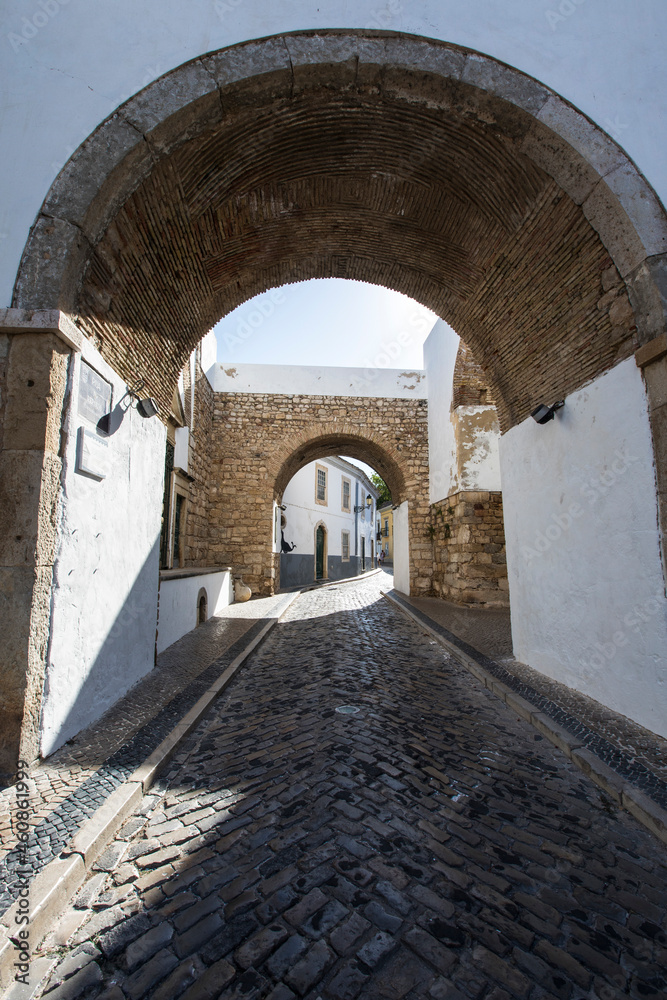 Algarve, Portugal - August, 2019: Repouso arch of Faro city