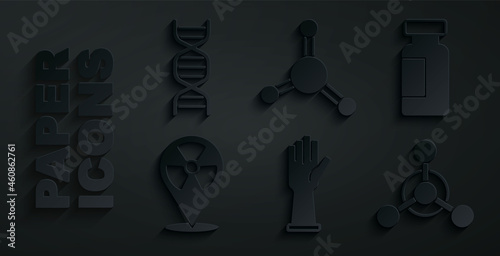 Set Medical rubber gloves, Test tube and flask, Radioactive in location, Molecule, and DNA symbol icon. Vector
