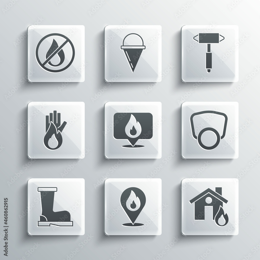 Set Location with fire flame, Fire in burning house, Gas mask, boots, No, and Firefighter axe icon. Vector Set Location with fire flame, Fire in burning house, Gas mask, boots, No, and Firefighter axe icon. Vector