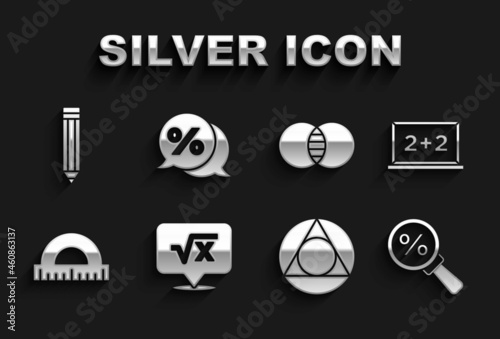 Set Square root of x glyph, Chalkboard, Magnifying glass with percent, Triangle math, Protractor, Mathematics sets A and B, Pencil and Discount tag icon. Vector