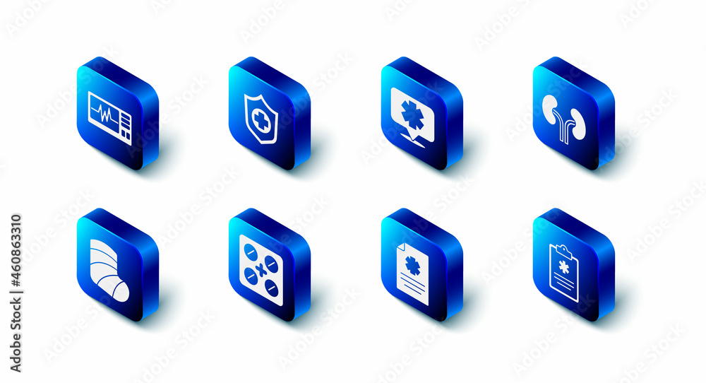 Set Life insurance in hand, Medical symbol of the Emergency, Human kidneys, Clinical record, Pills blister pack, Gypsum and Monitor with cardiogram icon. Vector Set Life insurance in hand, Medical symbol of the Emergency, Human kidneys, Clinical record, Pills blister pack, Gypsum and Monitor with cardiogram icon. Vector