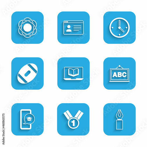 Set Online class, Medal, Fountain pen nib, Chalkboard, Graduation cap on mobile, American Football ball, Clock and Atom icon. Vector