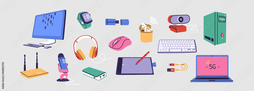 Set of computer accessories for desk or workspace. Wireless equipment like  mouse, camera, headphones, microphone, watch, pen tablet, router, keyboard,  monitor in office. Device repair vector concept. Stock-Vektorgrafik | Adobe  Stock